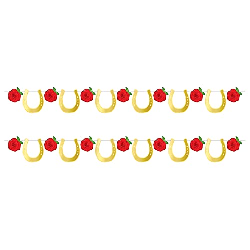Beistle 2 pancartas de carreras de caballos de 6.5 pulgadas x 6 pies con cintas blancas, zapatos de caballo y rosas, decoraciones del día Derby, fabricadas en Estados Unidos desde 1900,