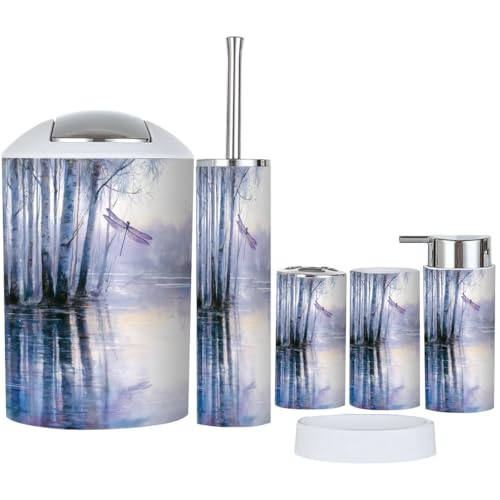 Bathroom Accessories Set 6 Pcs Dragonfly Lotus Serene Watercolor Nature