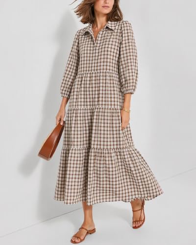 Image of Women Button Down Maxi Shirt Dress Long Sleeve Flowy Tiered Collared Dresses with Pockets