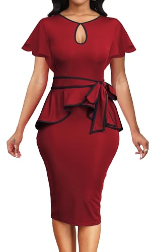 Image of Women's Vintage Bodycon Church Ruffle Sleeve Ruched Dresses Work Midi Pencil Dress