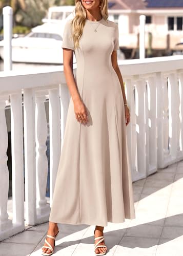 Image of KIRUNDO Short Sleeve Wedding Guest Dresses for Women Formal | Crewneck Plain Pleated Maxi Dress, High Waist Flowy, A Line, Fit And Flare, Two Pockets, Cocktail Party Summer Fall Outfits