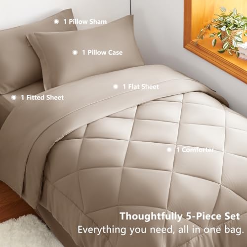 Image of CozyLux Twin XL Comforter Set Khaki - 5 Pieces Twin Extra Long Bed in a Bag for College Dorm, All Season Bedding Set for Girls and Boys, Soft Bed Set with Comforter, Sheets, Pillowcase & Sham