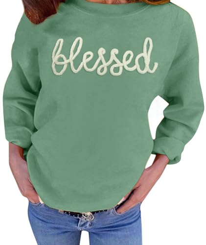 UNIQUEONE Blessed Sweatshirt for Women Letter Print Lightweight Thanksgiving Pullover