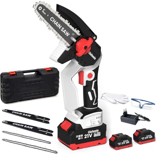 Eliofaneia Mini motosierra batería,con batería de 8000 mAh, cadena de 6 y 8 pulgadas, motor sin escobillas de 900 W, tensor sin herramientas, engrasador automático, motosierra mano eléctrica