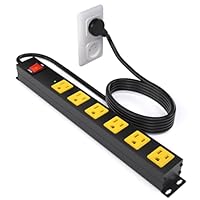 Heavy Duty 6 Outlet Metal Long Power Strip, 2700J Surge Protector with 15A Circuit Breaker, 15FT Extension Cord, Wall Mount for Garage, Workshop & Industrial Use, Wide Spaced (15ft)