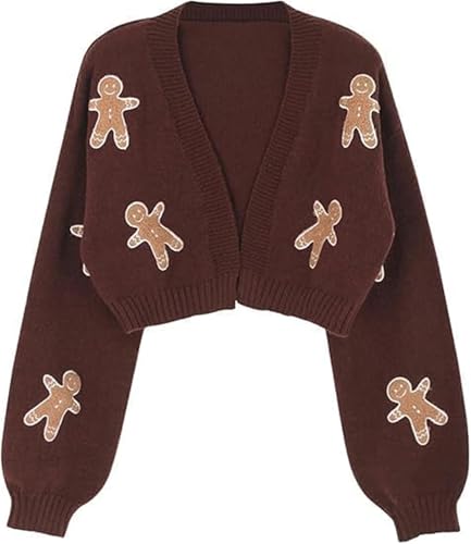 Women's Cartoon Print Drop Shoulder Cardigan, Gingerbread Sweater Women, Gingerbread Cardigan2