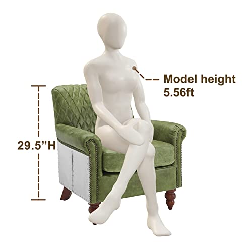 Volans Genuine Leather Chair, Vintage Mid Century Genuine Leather Accent Chair With Wood Legs, Industrial Aluminum Wrapped And Riveted Arm Chair, Emerald #TOP2