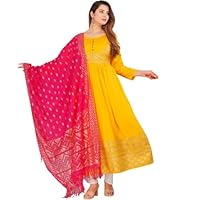 KININA Women's Rayon Gown and Dupatta Set Anarkali Ethnic Gown Traditional Jaipuri Kurti/Kurta Girls Ethnic Frock Pattern Dress (7XL, Yellow)