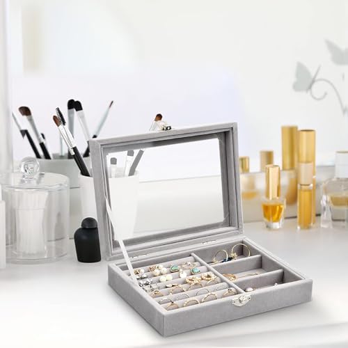 Image of Premium Women Jewelry Storage Box, Open Window Velvet Ring, Bracelets, Earrings Display, 9 Grids Lockable, Removal Tray, Ring Slot, Jewelry Tray Travel Case (pack of 1 piece, grey)