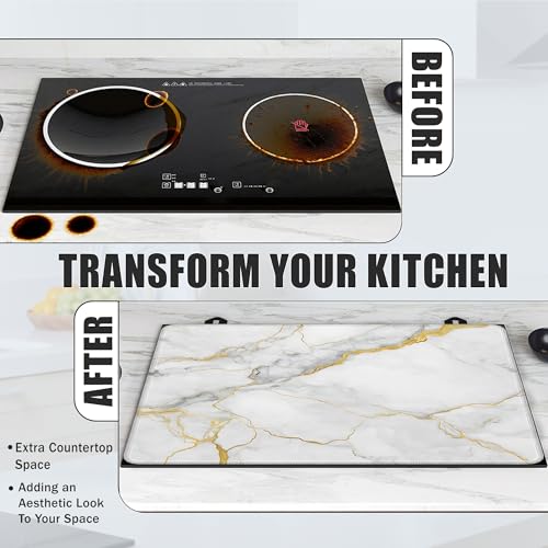 Image of White Gold Marble Stove Top Covers for Electric Stove,Modern Glass Top Stove Cover, Heat Resistant Range Covers for Electric Stove,Washable Countertop Mat, 28 x 20 Inch