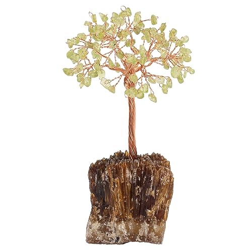 mookaitedecor Natural Peridot Green Healing Crystal Tree on Amber Calcite Cluster Base Feng Shui Money Tree Ornament for Home Semi Precious Gemstone Bonsai Tree Raw Crystal Gift Reiki Room Decor