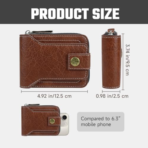 Image of Men Wallet, Vintage PU Leather Multi-Card Zipper Wallet with 8 Card Slots and Coin Pocket Large Capacity Buckle Credit Card Holder Wallet with Zipper (C, Dark Brown)