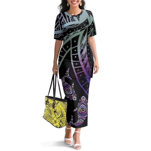 Image of Polynesian Dress for Women Short Sleeve High Waist Maxi Skirt | Puletasi dress, t-shirt and skirt two-piece, elastic material, lightweight, soft, plus size, luau party, wedding, clubwear
