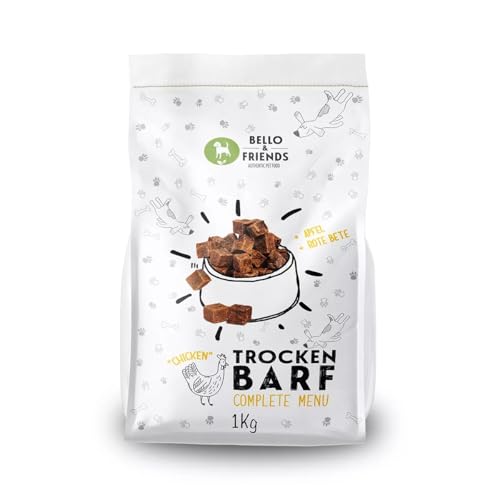 Bello & Friends Trockenbarf Complete Huhn, Hundefutter luftgetrocknet ohne Zusätze, Trockenfutter mit Obst und Gemüse, 1 kg
