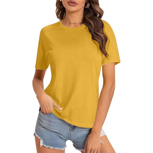 Image of Oversized T Shirts for Women Short Sleeve Crew Neck Tshirts Slim Fit Basic Cotton Tees Ladies T Shirt Womens Going Out Tees Plus Size S-5Xl Yellow 3XL