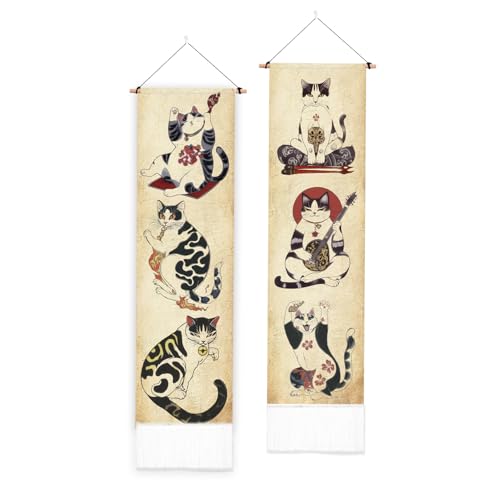 PLIGREAT 2 Paquete de Tapiz Vertical Estilo Japonés Retro Gatos Estética Tapiz de Pared para Dormitorio Salón Decoración del Hogar Largo Estrecho Arte Tapiz con Borlas