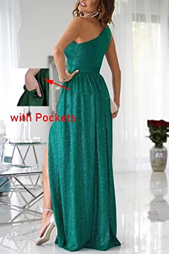 Sparkly One Shoulder Prom Dress Keyhole Satin Bridesmaid Formal Dress with Slit2