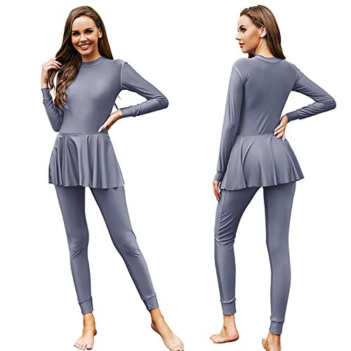 Odizli Mujer Musulmán Traje de Baño Burkini Manga Larga Natación Parte Superior Built in Bra+Bañador 2 Piezas Cubierta Completa Modest Traje de Baño, 5#gris, L