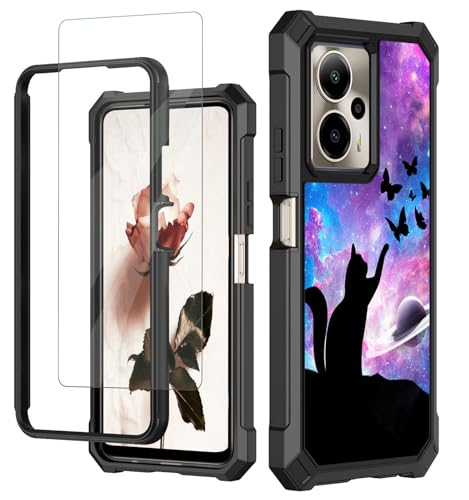 RAUEDWDJS for Cricket Outlast 5G 2024/AT&T Motivate Pro 5G Case with Tempered Glass Screen Protector,Full-Body Hard PC & Soft TPU Bumper Shockproof Protective Cover-Nebula Cat Butterfly