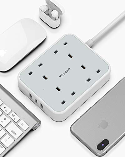 Extension Lead with 3 USB Slots, TESSAN 13A 4 Way Multi Plug Extension Cable with 2M Cord, Wall Mounted Power Strip Socket for Home, Office Extension Lead with 3 USB Slots, TESSAN 13A 4 Way Multi Plug Extension Cable with 2M Cord, Wall Mounted Power Strip Socket for Home, Office