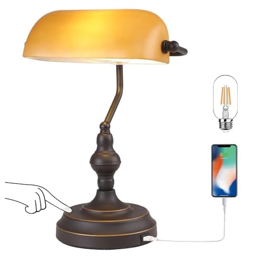 Liylan Vintage Banker’s Desk Lamp Touch Control, 3 Way Dimmable Table Light with USB Port, Oil Rubbed Bronze Bedside Nightstand Light, Amber Glass