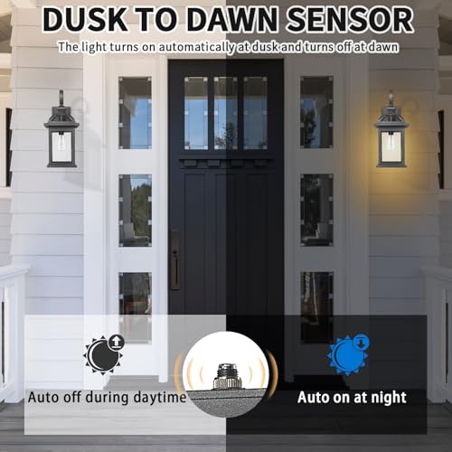 Image of Darkaway Dusk to Dawn Outdoor Lights Fixture Wall Mount,Large 22inch Exterior Wall Light with Seeded Glass Waterproof Black Outside Wall Sconce for House Porch Hallway Garage