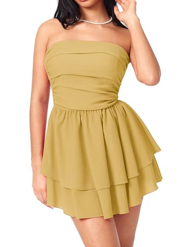Image of CIDER Women's Summer Cocktail Dress - Tube Ruched Ruffle Mini Dress | Strapless, Country Concert, Western Cowgirl Outfits