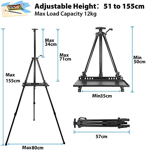 VAIIGO Art Easel Stand for Painting, Adjustable 51-155 cm, Folding Tripod Display Easel, Artist Stand Easel with Bag/ Keg/Apron, Tabletop and Floor Painting Display Drawing Art Sketch (Black)