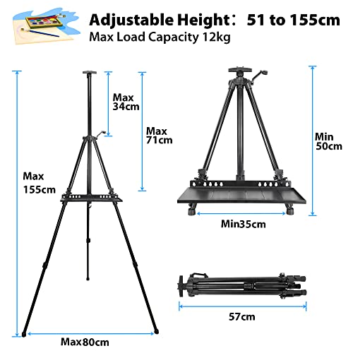 Art Easel Stand for Painting, Adjustable 51-155 cm, Folding Tripod Display Easel, Artist Stand Easel with Bag/Keg, Tabletop and Floor Painting Display Drawing Art Sketch (Black)