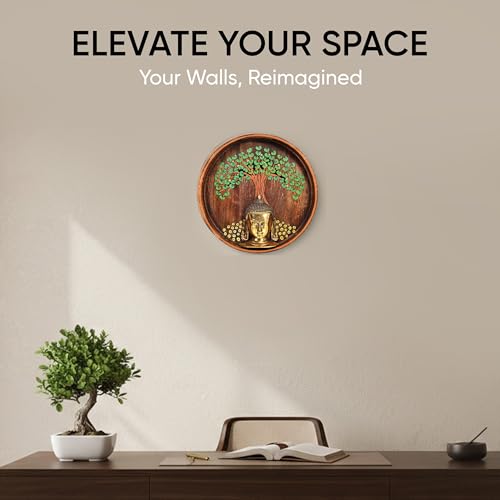 Image of AAKRITI ART CREATIONS Nirvana Buddha Wall Art, Handcrafted Wooden Decor Featuring Bodhi Tree and Buddha Head, Dhokra Art Set of 1, Multi Color | Matte Finish Mango Wood | Living Room, Bedroom, Office