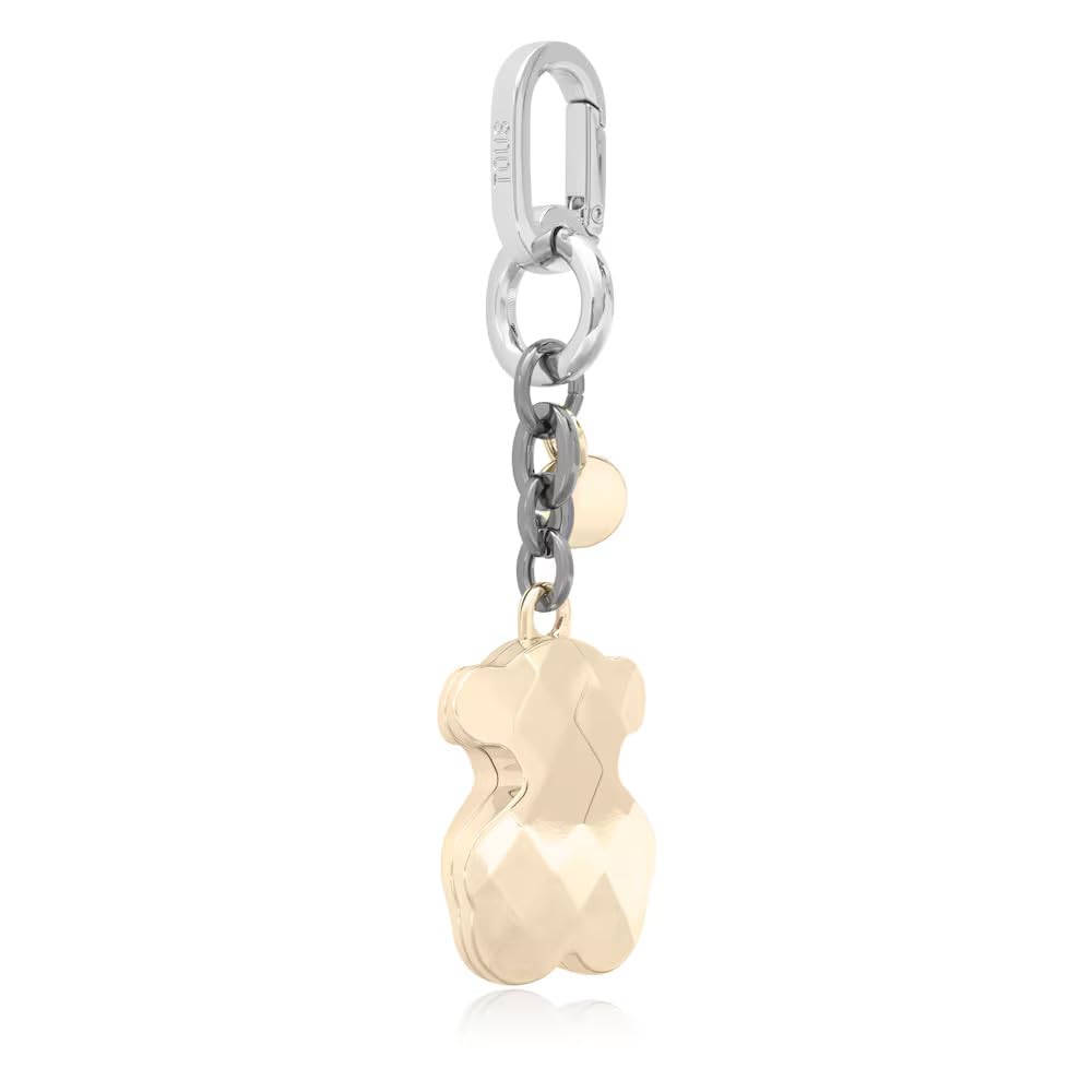 TOUS Schlüsselanhänger mit Facettiertem Teddybär, goldfarben, schwarze und silberne Kette, dekorativer Charm