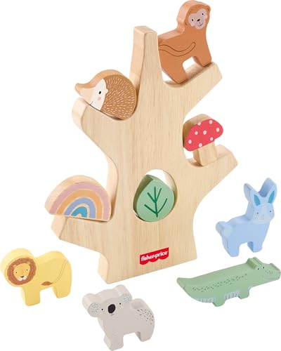 Image of Fisher-Price Wood Stacking Toy Balance Tree, 10 Wooden Pieces for Developmental Play Preschool Kids Ages 3+ Years