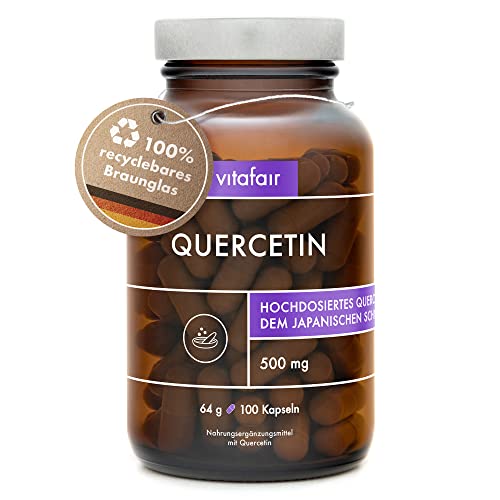 VITAFAIR Quercetin Kapseln - Hochdosierte Antioxidantien aus Japanischen Schnurrbaum-Blütenextrakt, Schonend extrahiertes Quercetin 500mg pro Kapsel, Quercetin hochdosiert im Braunglas [100 Kapseln] Cover