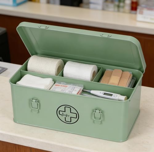 Image of First Aid Medicine Box, First Aid Kit Supplies Bin, Metal Medicine Storage Tin, First Aid Empty Box with Safety Lock for Home Emergency Tool Set-Green
