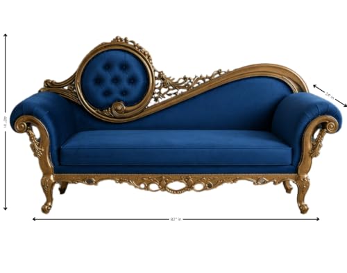 Image of Victorian Style Chaise Lounge, Tufted Cream Upholstery, Mahogany Wood Frame, Classic Living Room Furniture (Blue)