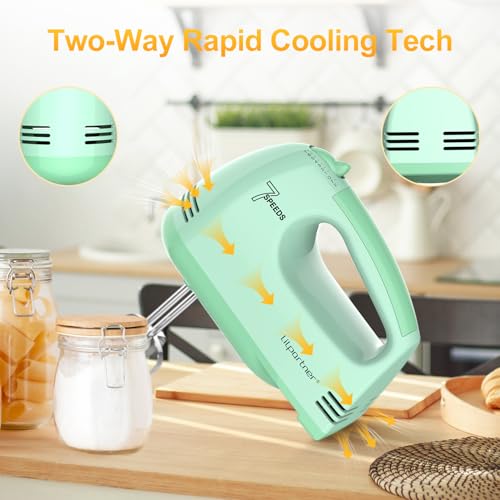 Image of LILPARTNER Hand Mixer Electric, Ultra Power Kitchen Hand Mixer With 7-Speed & 5 Stainless Steel Accessories for Whipping Dough, Cream, Cake, Dishwasher Safe, Light Green