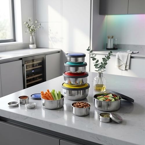 Image of Swiss Airtight Stainless Steel Bowl Set, 4 Piece, with Colourful Lids, 12, 14, 16, 18 cm