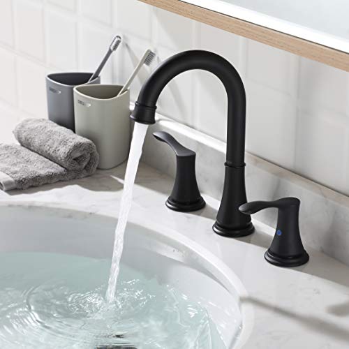 PARLOS 2-Handle 8 inch Widespread Bathroom Faucet with Valve and Pop Up Drain Assembly and cUPC Faucet Supply Hoses, Matte Black, Demeter 13653