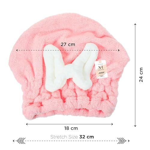 Image of NFI essentials Microfiber Hair Towel Cap Warp Super Absorbent Wet Hair Drying Head Turban, Pookie Bow Knot for Girls Salon Quick Dry Shower with Button for Women