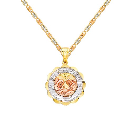 The World Jewelry Center 14k Tri-Color Gold Religious Baptism Pendant with 1.5mm Valentino Diamond Cut Chain Necklace