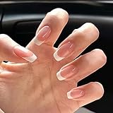 24PCS White French Tip Press on Nails Short Square Fake Nails Pink Reusable Nude Acrylic Glue on Nails White Full Cover French Designs False Nail for Women Nail Art
