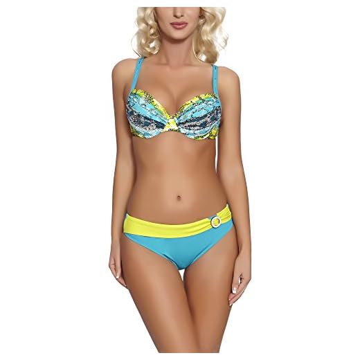 SHEKINI Damen Brazilian 2 Teiliger Bikini Tief V-Ausschinitt Volant Bikini Obertei Low Rise Rüsche Bikinihose Grosse Grössen Bademode Push Up Strandmode (Large, Gelb) 8 Feba Figurformender Damen Push Up Bikini D1N32L1 (Muster-01DKE, Cup 75 D/Unterteil 38)