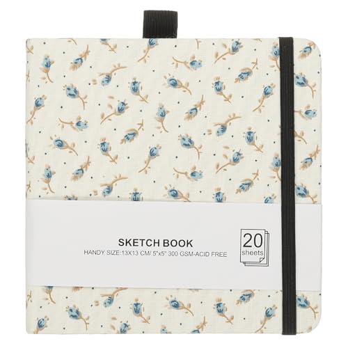 PATIKIL 5.1x5.1 Watercolor Sketchbook, 20 Sheet 300GSM/203lb Watercolor Paper Sketchbooks Acid Free Watercolor Journal Hardcover Artists Paper Pads with Pen Holder, Blue Flower