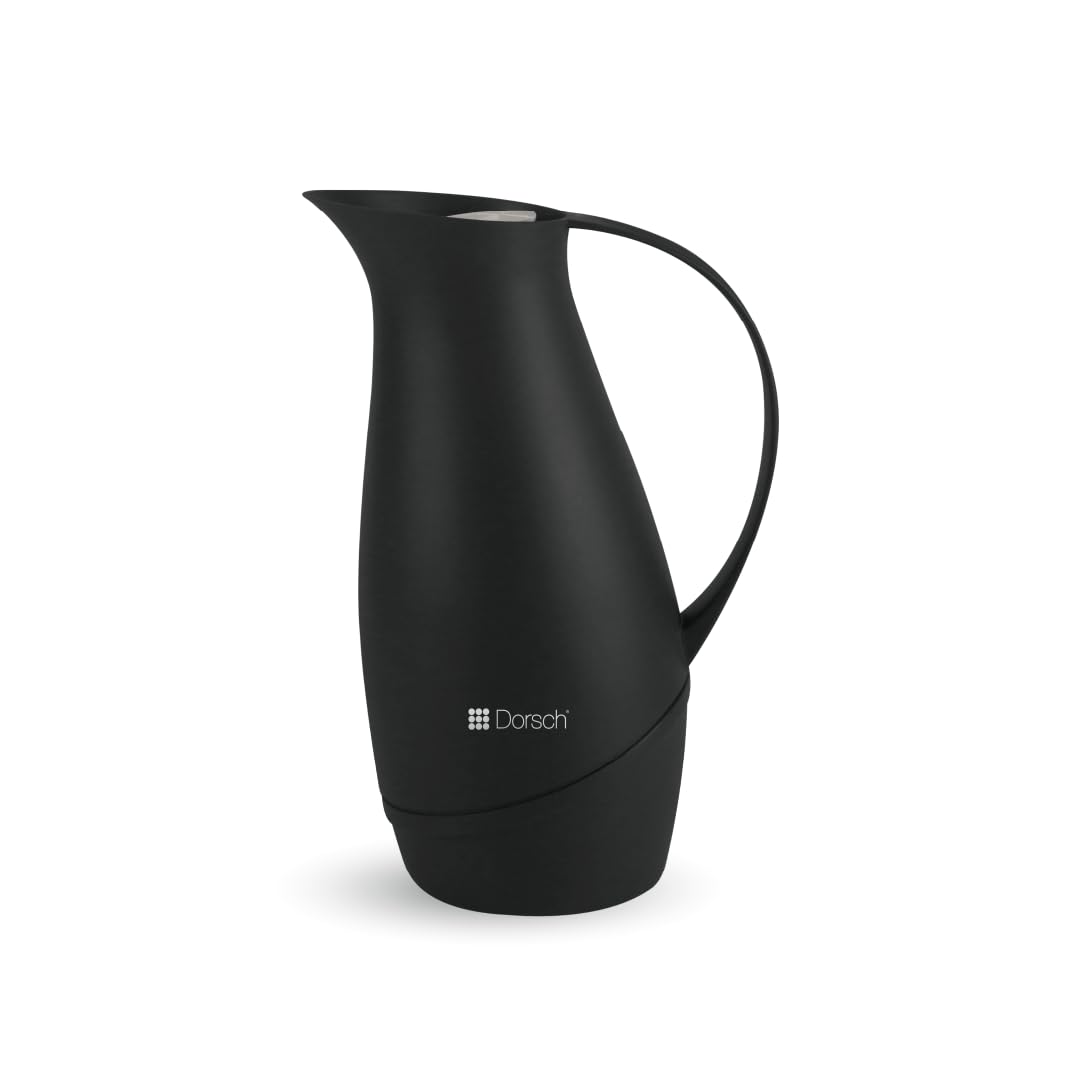 Danish Design Vacuum Jug - 1L Premium Double-Walled Glass Liner, BPA-Free, Insulated Rubber Handle, Leakproof Lid, Ergonomic, Sleek Design, Keeps Hot for 12 Hours & Cold for 24 Hours (Charcoal Black)