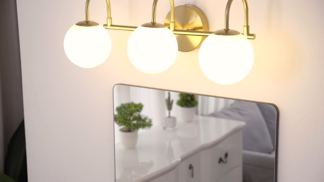 Image of Gold Light Fixtures, 3-Light Over Mirror, Mid Century Modern Bathroom Vanity Lights Wall Sconces With Globe Frosted Milk Glass