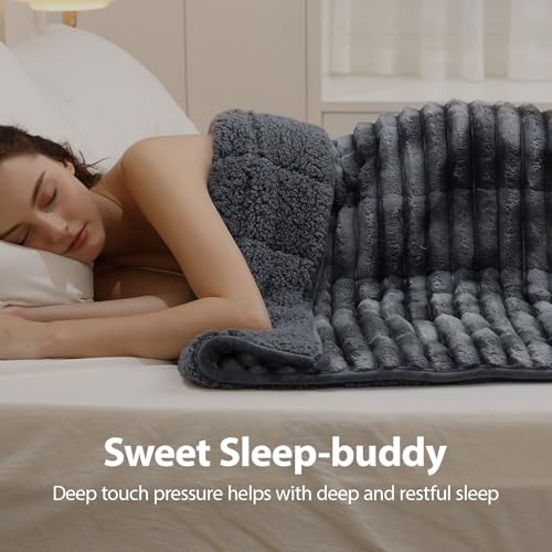 Image of Ultra-Soft Weighted Blanket for Adults(15 lbs, 60 inch x 80 inch Queen Size) 3D Striped Sherpa Fleece Reversible Heavy Blanket with Glass Beads, Perfect for 140-190 lbs, Machine Washable, Tie-dye Grey
