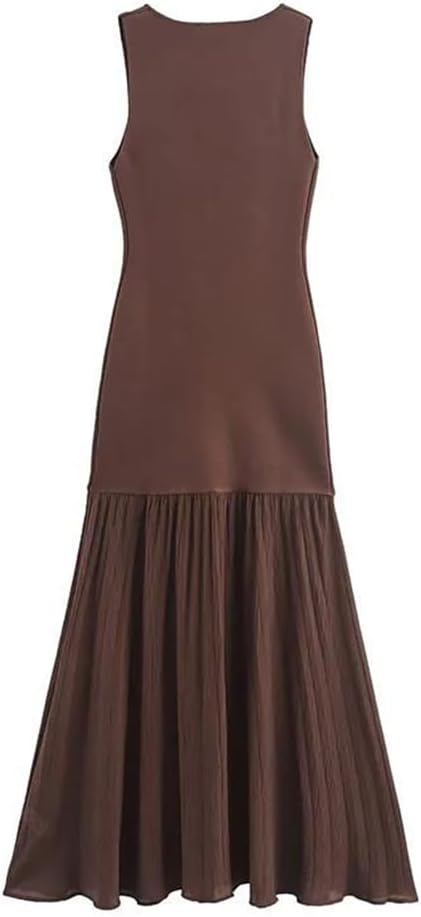Women Solid Color O-Neck Sleeveless Knitted Patchwork Dress Pleated Splicing Party Casual Long Dress