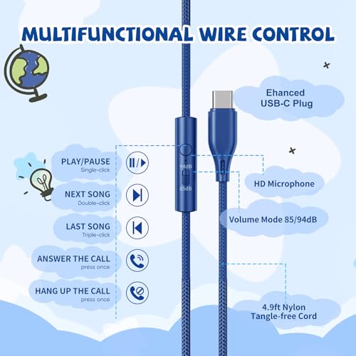Image of USB C Headphones Wired for Kids, 85 /94dB Volume Limit With Mic, Navy Blue | Kid Headphones for School, Wired Over Ear USBC Plug in Corded Headphones for Boys Girl Toddler, iPad, Tablet, Airplane Travel