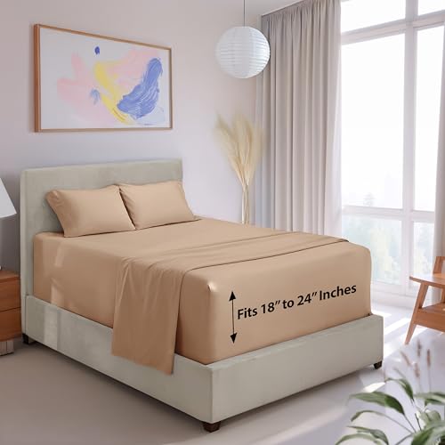 Image of Hearth & Harbor Extra Deep Pocket King Sheet Set, Khaki | 4 Piece Bed Sheet Set, Ultra Soft & Breathable, Fits Up to 24 inch Mattress, Hotel Luxury