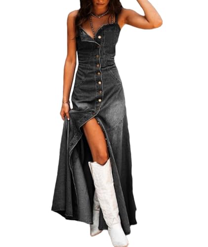 Image of SOMTHRON Women's Spaghetti Strap Button Down Denim Dress Smocked A-Line Washed Bodycon Maxi Jean Dress